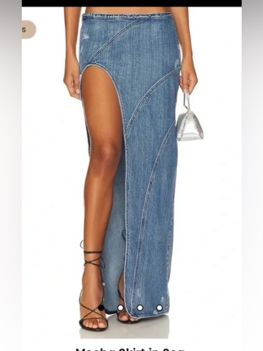 Retrofete Mecha Denim Skirt in Sea Blue Maxi with Dramatic Side Slit